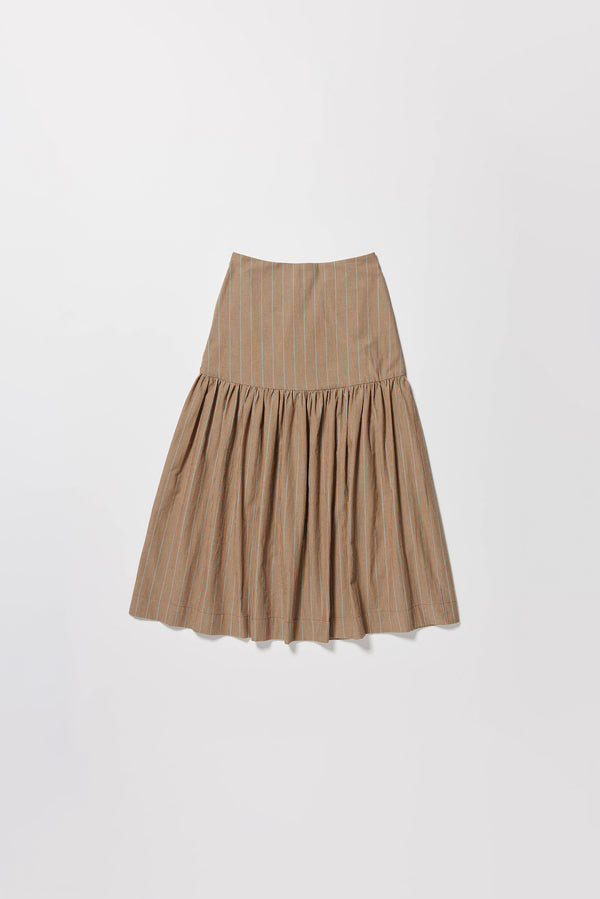 Flat front of Clay Stripe Panelled cotton skirt with gathered full silhouette, wide yoke waist, and invisible back zip closure.