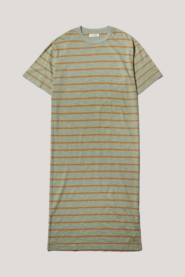 Flat front of the Olive/Brown Fidelity Dress in cotton slub with relaxed loose fit and feeder stripe