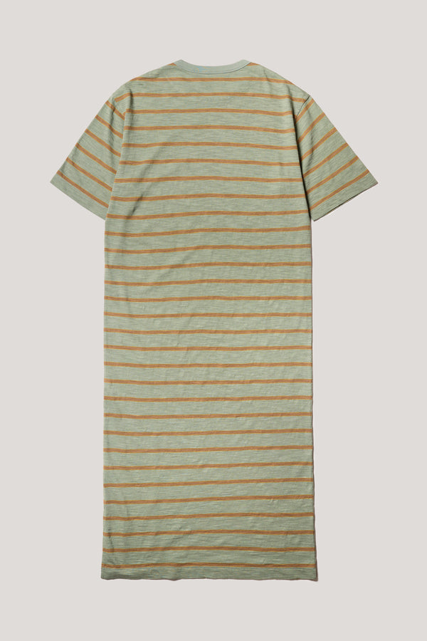 Flat back of the Olive/Brown Fidelity Dress in cotton slub with relaxed loose fit and feeder stripe