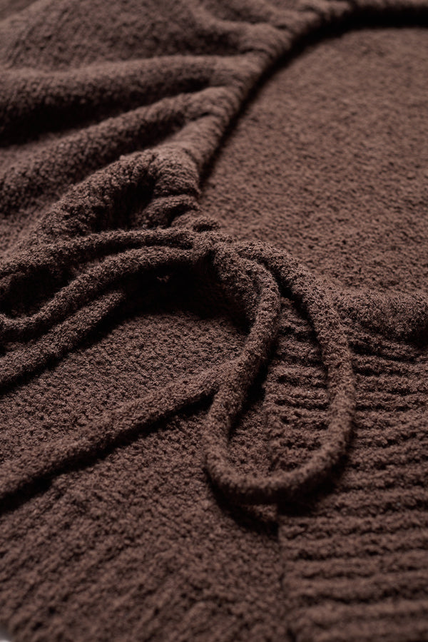 Close up fabric shot of the brown Levity Tie Top with open back and adjustable tubular ties in soft cotton–nylon knit