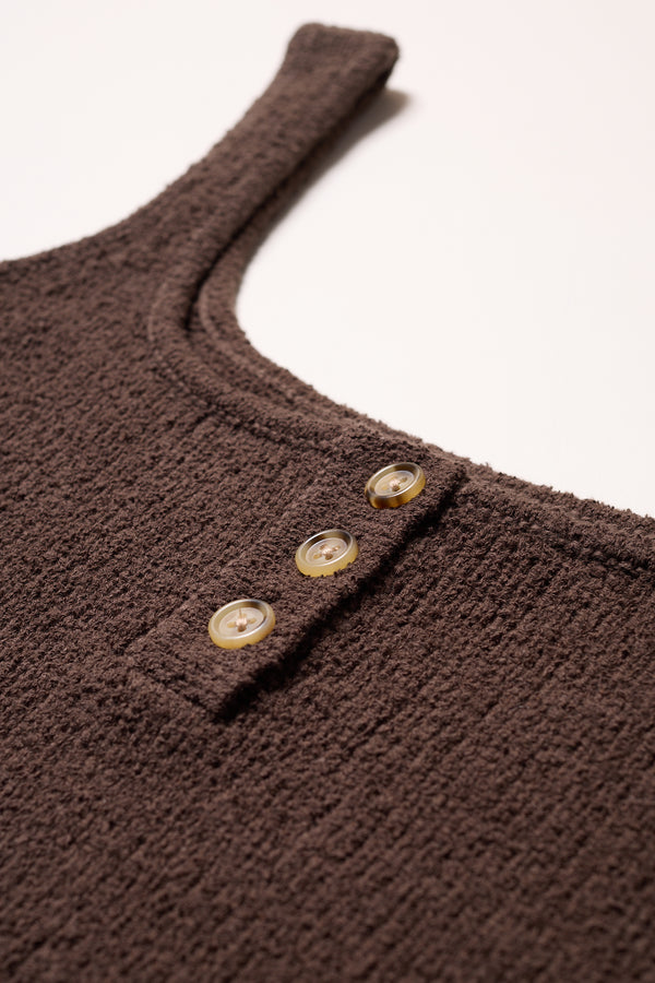 Close-up of the Brown Ether Rib Tank’s rib knit texture and centre-front buttons.