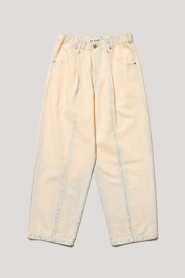 Flat Front of Mid Blue Fade w Ecru Tint Impact Denim Pant in lightweight denim, front view showing wide tapered leg, elastic waistband, and traditional front pockets.