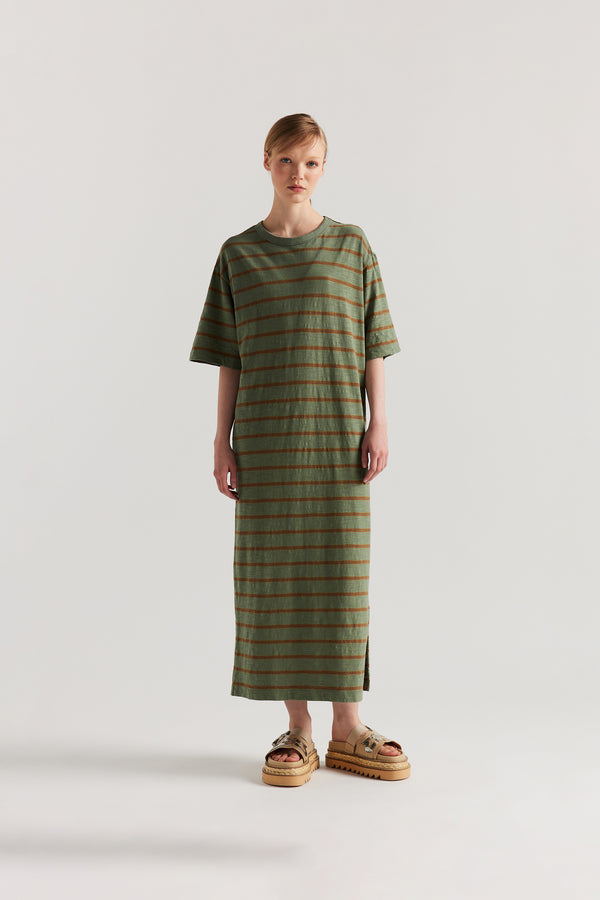 Front of Model in the Olive/Brown Fidelity Dress in cotton slub with relaxed loose fit and feeder stripe