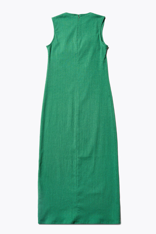 Back of The Level Crinkle Dress in Green, a loose slim fit and stylish long length. Cut from lightweight crinkled crepe fabric this dress exudes everyday sophistication. Available in 4 sizes.