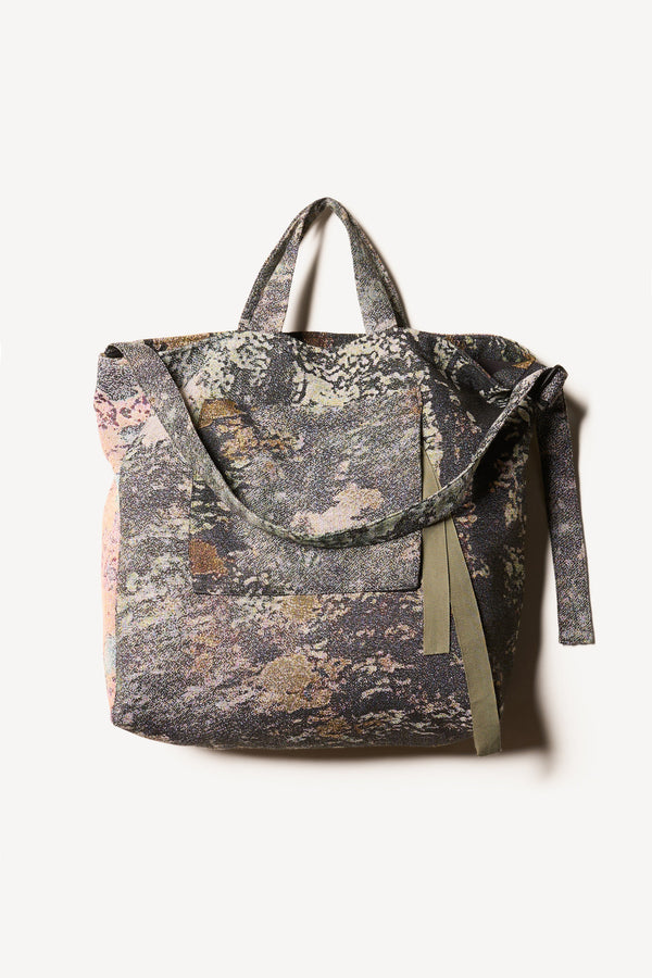 Flat Front of Kloke jacquard tote bag in real tree camouflage green print with dual handle lengths and external pockets