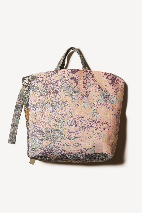 Flat Back of Kloke jacquard tote bag in real tree camouflage green print with dual handle lengths and external pockets