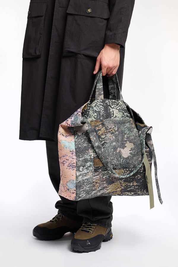 Kloke jacquard tote bag in Green tree camouflage print with dual handle lengths and external pockets