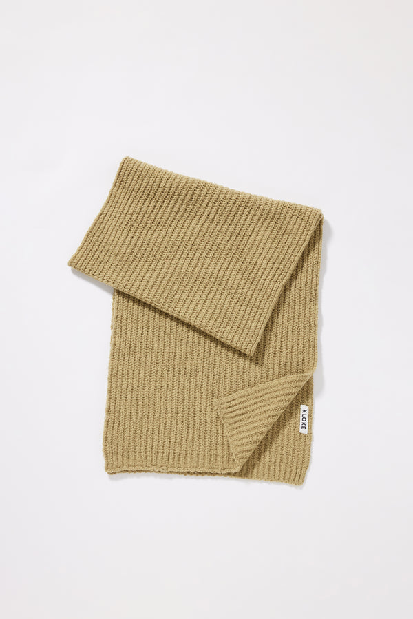Chartreuse Within Scarf flat lay showing full extra-long extra-wide proportions, reverse cardigan knit body and subtly ribbed edges in RWS Merino