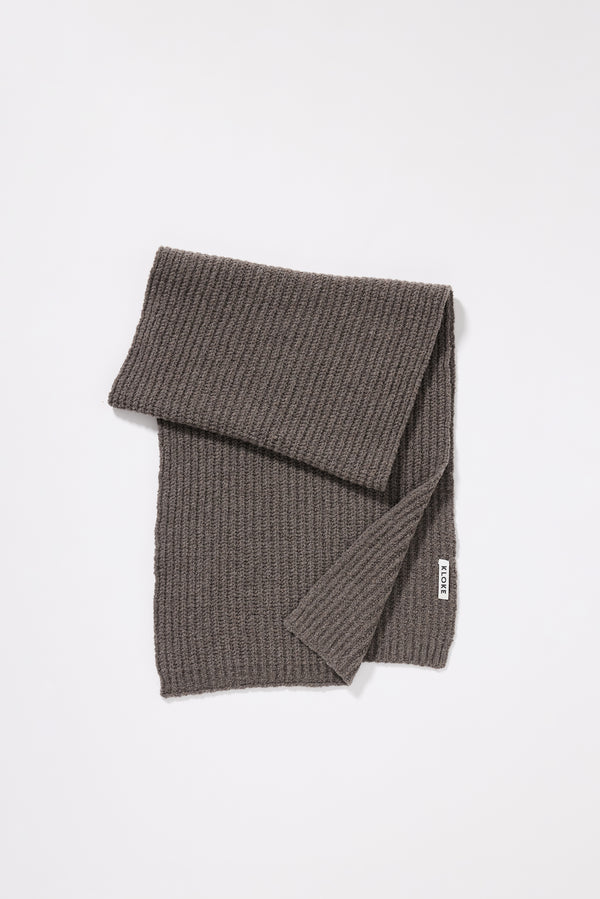 Pewter Within Scarf flat lay showing full extra-long extra-wide proportions, reverse cardigan knit body and subtly ribbed edges in RWS Merino