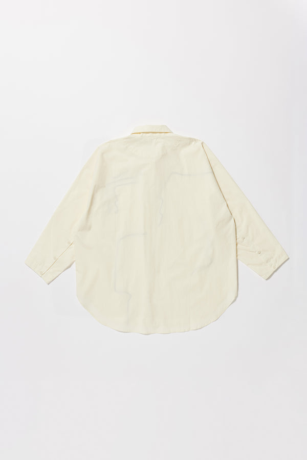 Ecru off White Ache Embroidered Shirt flat back view, with embroidered motifs, long sleeves, and built-in collar