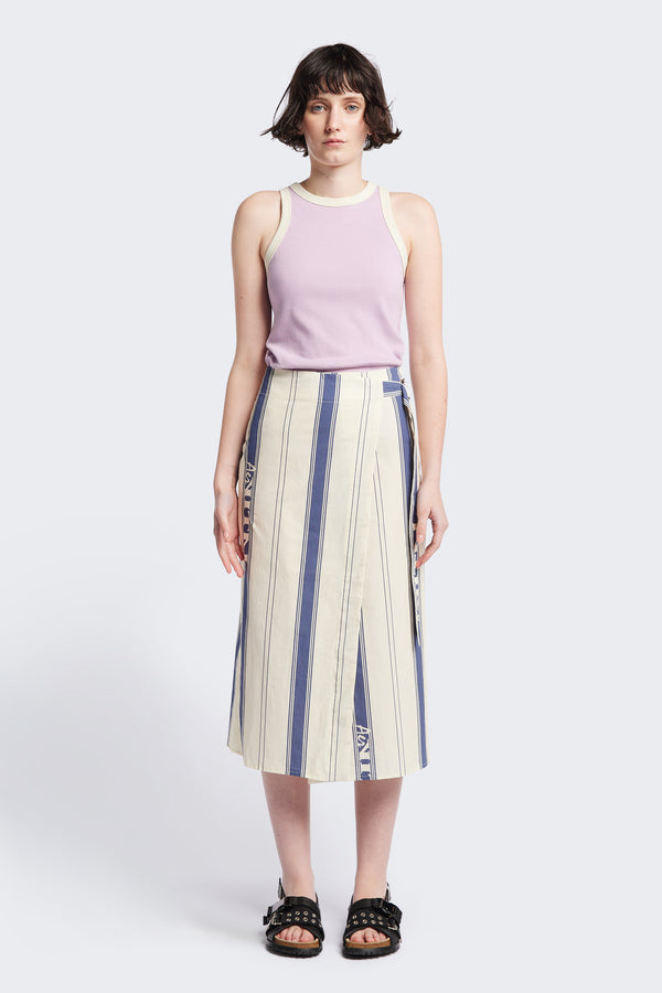 Front of The Aer Vital Print Skirt in featuring a mid-length silhouette with a concealed button closure and self-tie wrap.