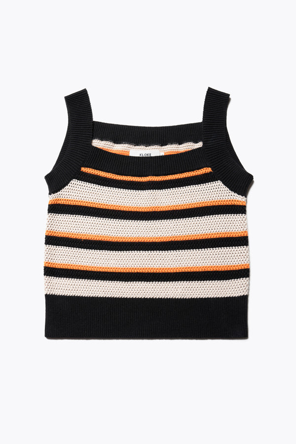 Flat Front of the Aperto Crochet Tank in 100% soft cotton, featuring a shallow horizontal stripe in black, orange, and cream. 