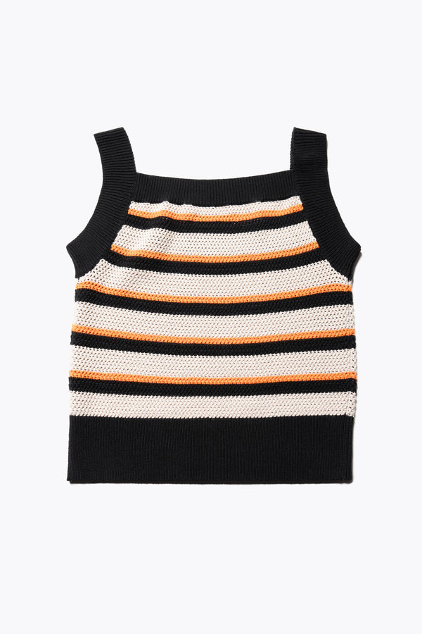 Flat Back of the Aperto Crochet Tank in 100% soft cotton, featuring a shallow horizontal stripe in black, orange, and cream. 