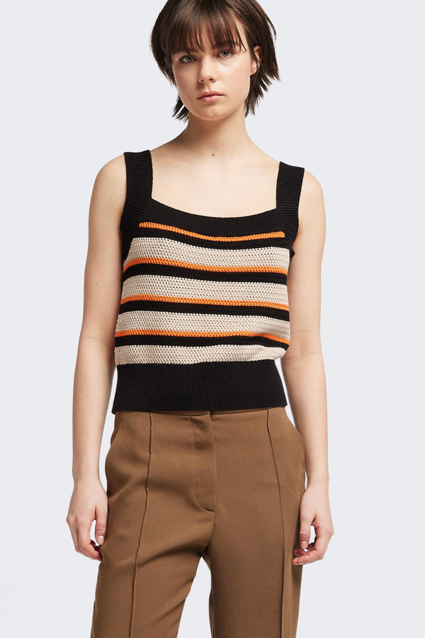 Front of the Aperto Crochet Tank in 100% soft cotton, featuring a shallow horizontal stripe in black, orange, and cream. 