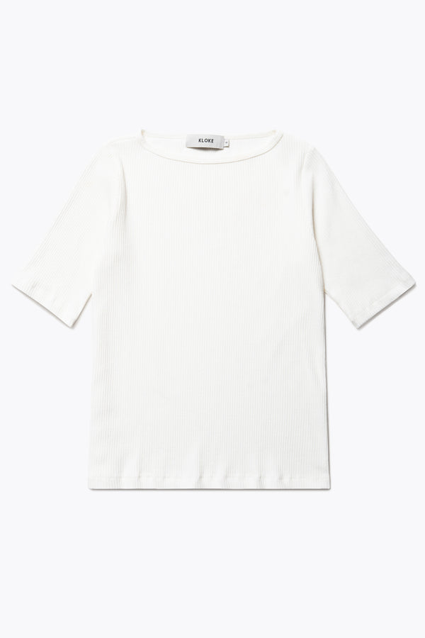 Flat Front of the arbour top, a slim-fitting t-shirt-style top, in off white. With a boat neckline and single bind trim, made from fine Japanese rib knit with slight stretch, perfect for casual and stylish outfits