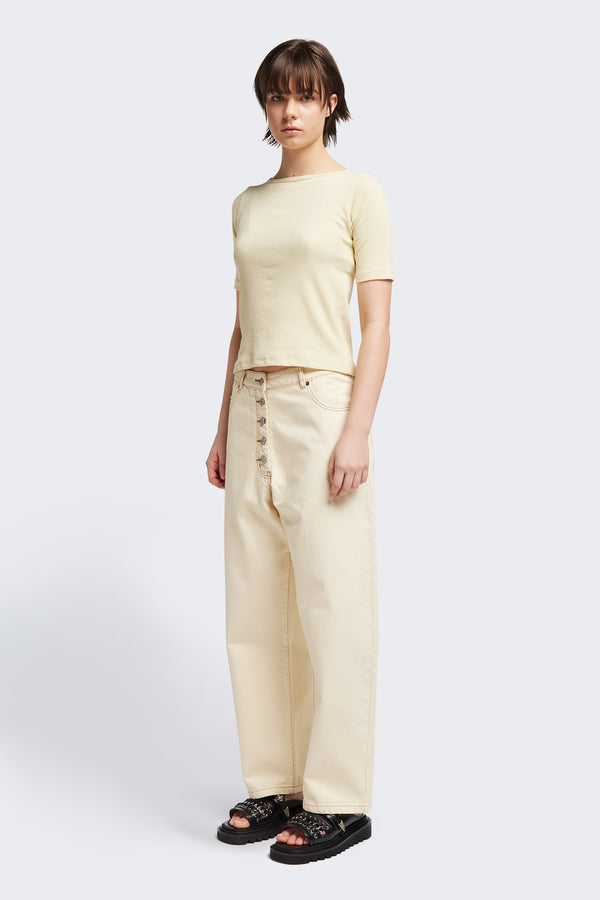 Front of the arbour top, a slim-fitting t-shirt-style top, in pale yellow. With a boat neckline and single bind trim, made from fine Japanese rib knit with slight stretch, perfect for casual and stylish outfits