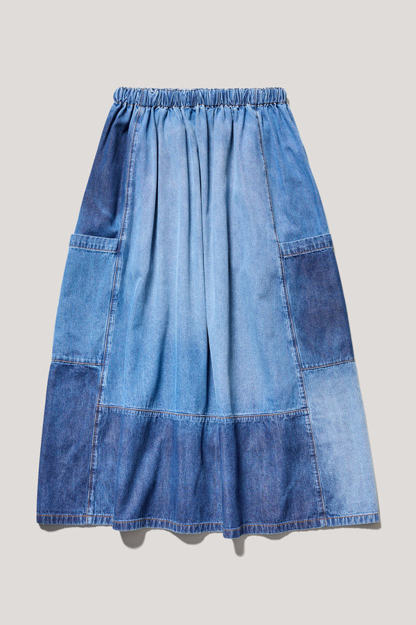 Flat Back of Dark/Mid Blue Fade Aria Panel Skirt showing panelled denim construction, scoop pockets, and elasticated waistband.