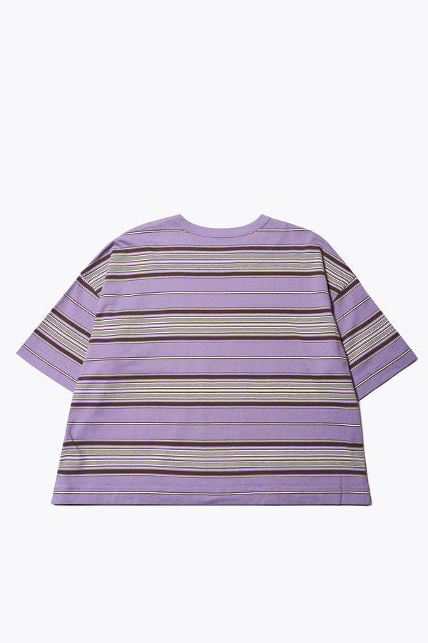 The back of the Ascent T-Shirt , a relaxed, boxy top with elbow-grazing sleeves, featuring a Kloke-designed ticking stripe pattern in Purple. The top is made from 100% soft, durable combed cotton, balancing structure and drape. Available in 5 sizes.