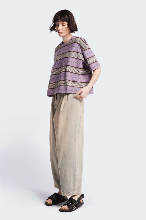 The Ascent T-Shirt, a relaxed boxy top with elbow-grazing sleeves, featuring a Kloke-designed ticking stripe pattern in Purple. The top is made from 100% soft, durable combed cotton, balancing structure and drape. Available in 5 sizes.