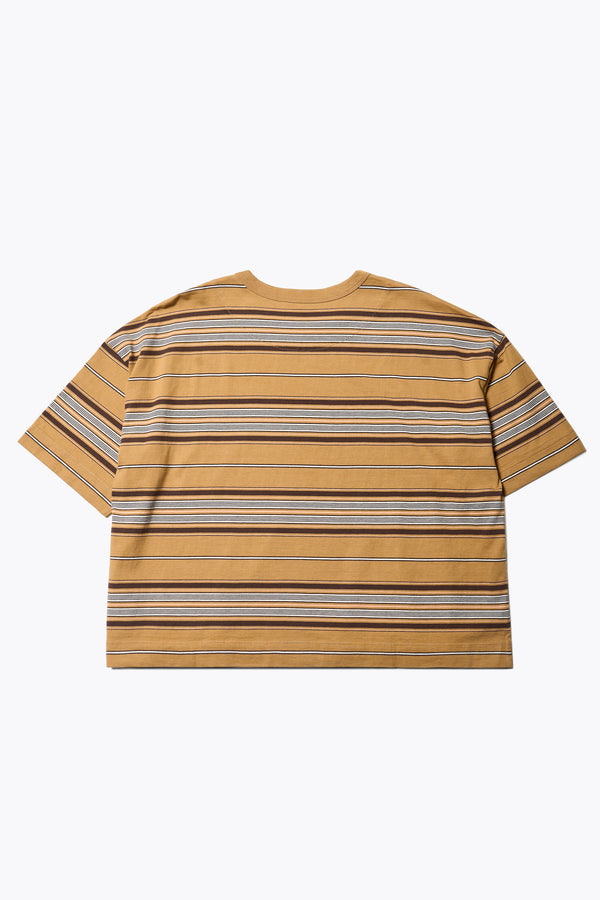 The Ascent T-Shirt, a relaxed boxy top with elbow-grazing sleeves, featuring a Kloke-designed ticking stripe pattern in Tan. The top is made from 100% soft, durable combed cotton, balancing structure and drape. Available in 5 sizes.