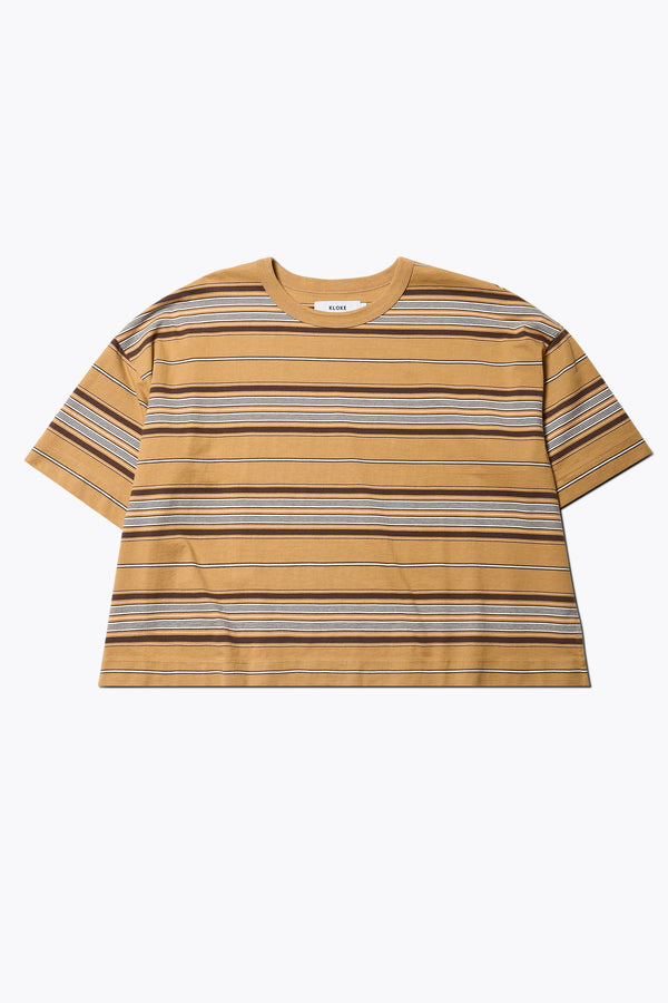 The Ascent T-Shirt, a relaxed boxy top with elbow-grazing sleeves, featuring a Kloke-designed ticking stripe pattern in Tan. The top is made from 100% soft, durable combed cotton, balancing structure and drape. Available in 5 sizes.