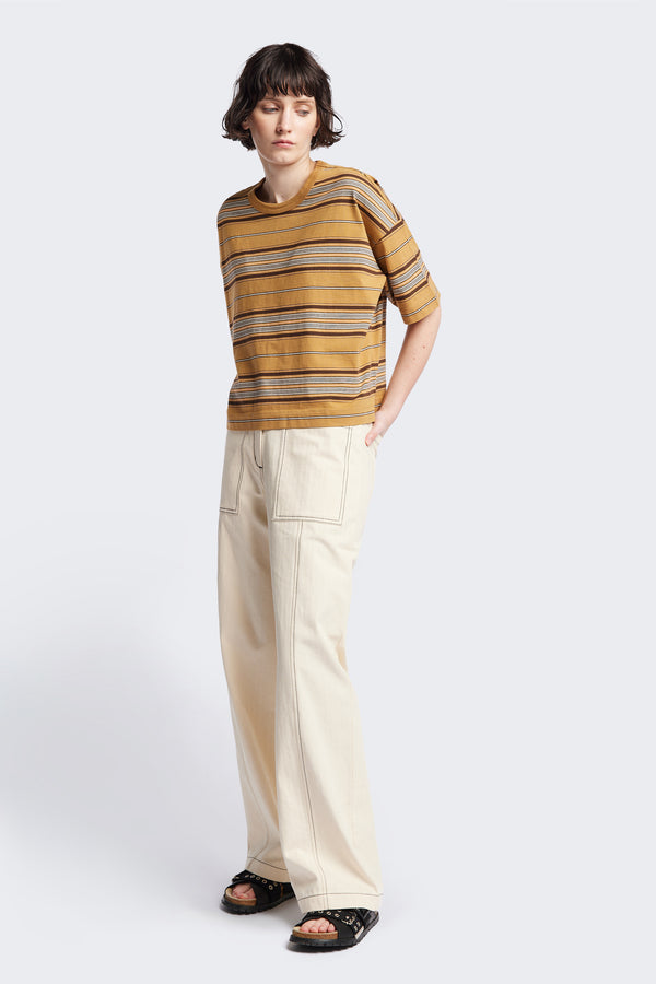 The Ascent T-Shirt, a relaxed boxy top with elbow-grazing sleeves, featuring a Kloke-designed ticking stripe pattern in Tan. The top is made from 100% soft, durable combed cotton, balancing structure and drape. Available in 5 sizes.