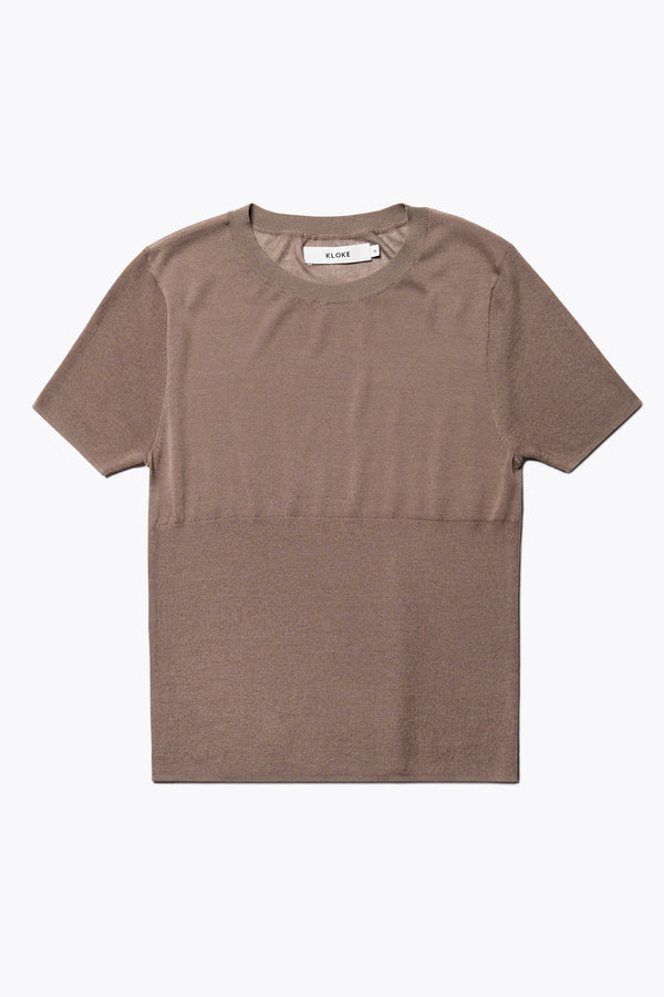 Flat Front of The Break Knit Top in taupe crafted from fine-gauge cotton. Features a crew neckline, short sleeves, and a slim fit with a high rib detail below the chest.