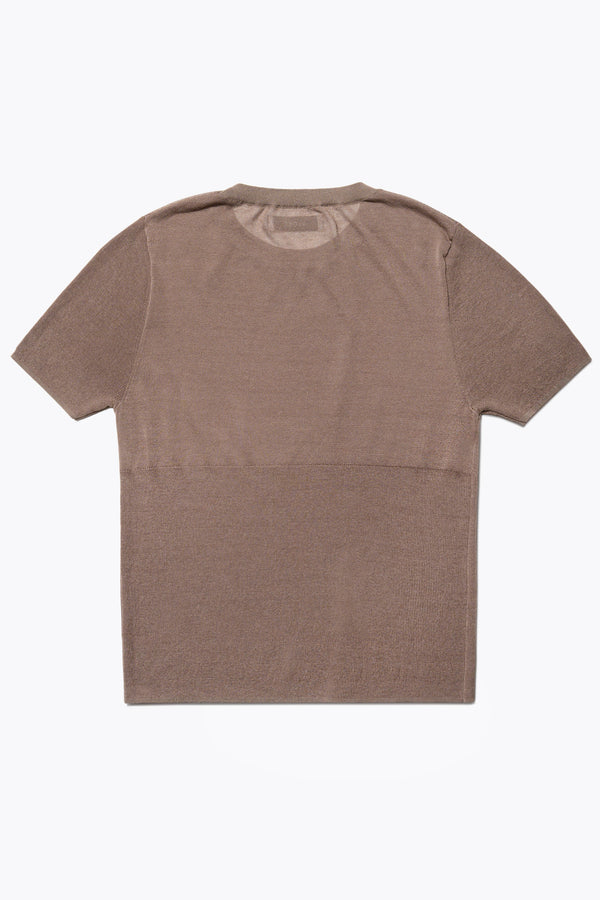 Flat Back of The Break Knit Top in taupe crafted from fine-gauge cotton. Features a crew neckline, short sleeves, and a slim fit with a high rib detail below the chest.