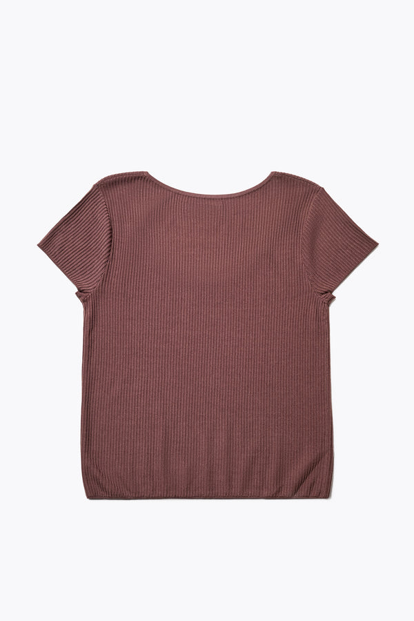 The Back of the Celsius Knit T-Shirt in Cocoa Brown, ribbed with a shallow scoop neckline, small cap sleeves, and slim fit. Made from 100% Tencel. Available in 5 sizes. 