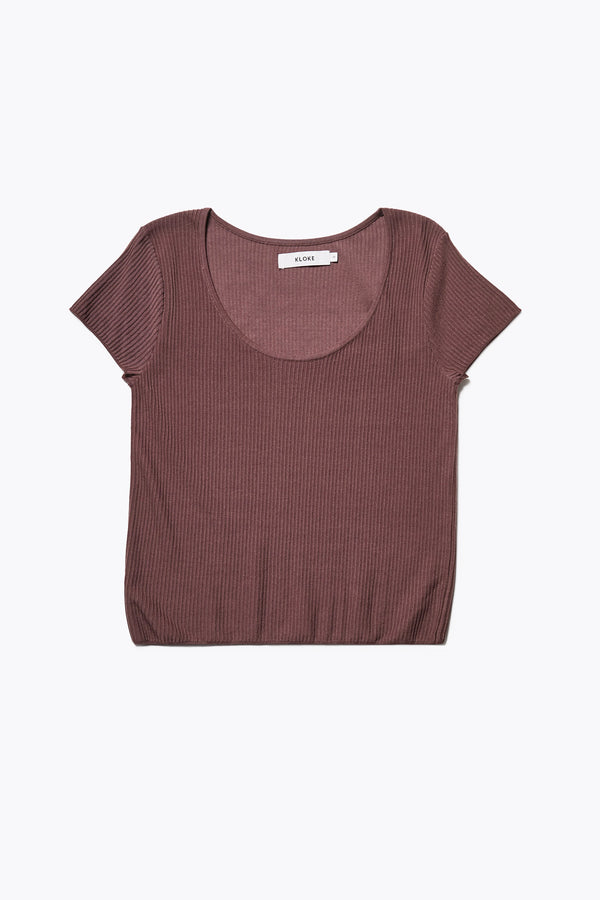 Celsius Knit T-Shirt in Cocoa Brown, ribbed with a shallow scoop neckline, small cap sleeves, and slim fit. Made from 100% Tencel. Available in 5 sizes. 