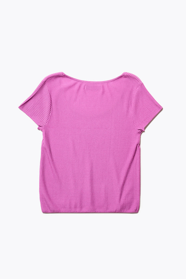 The back of the Celsius Knit T-Shirt in Fuchsia Pink, ribbed with a shallow scoop neckline, small cap sleeves, and slim fit. Made from 100% Tencel. Available in 5 sizes. 