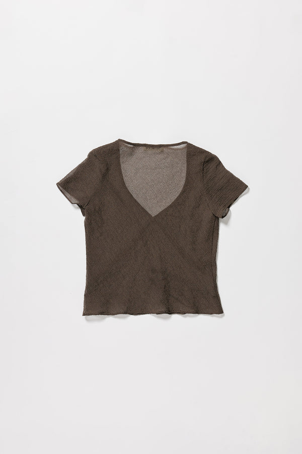 Flat back of the brown Centered top. A Slim-fit V-neck top in sheer textured fabric with cap sleeves and bias cut silhouette.