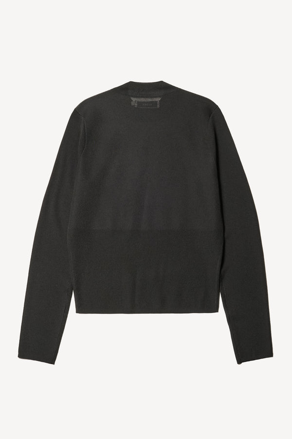 Flat Back view of the Clarity fitted crew-neck knit top in Black