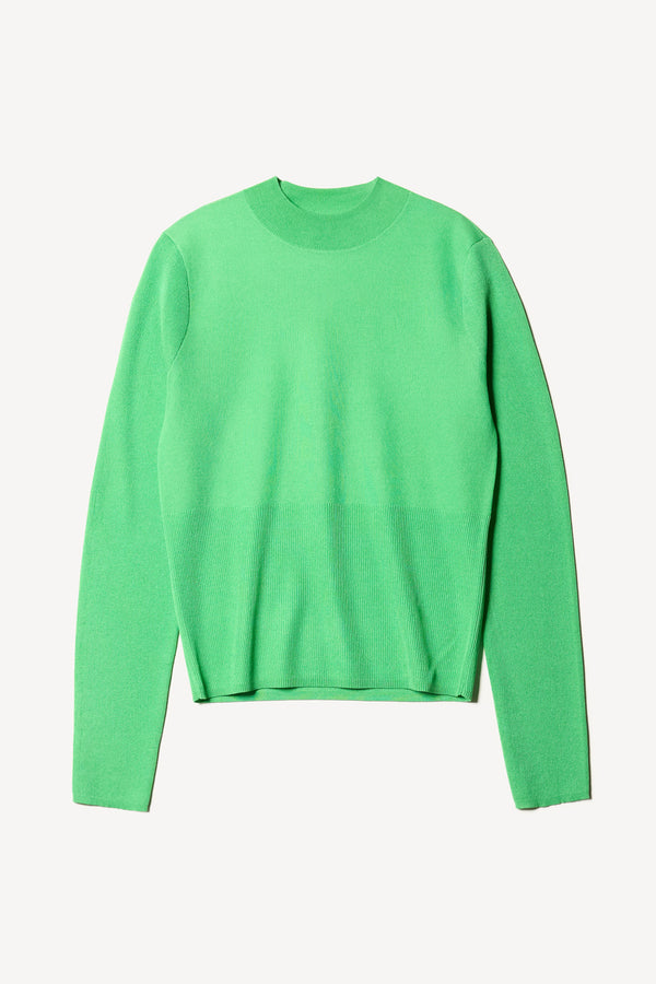 Flat Front view of the Clarity fitted crew-neck knit top in Vivid Green 