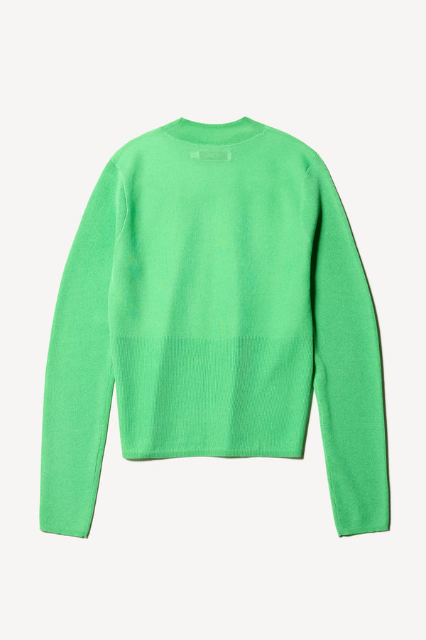 Flat Back view of the Clarity fitted crew-neck knit top in Vivid Green 