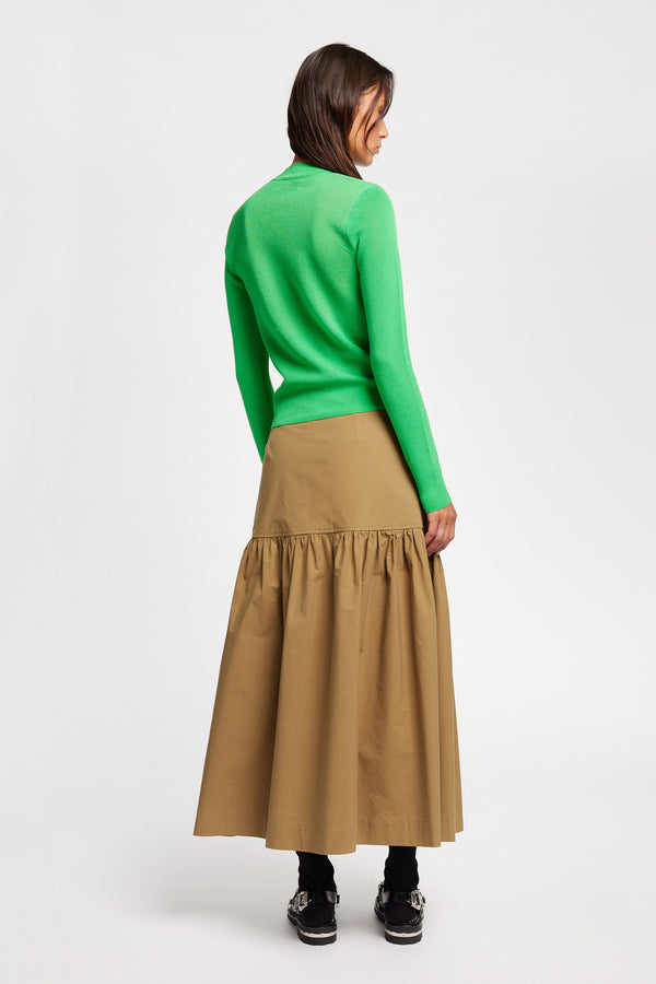 Back view on Model of the Clarity fitted crew-neck knit top in Vivid Green 