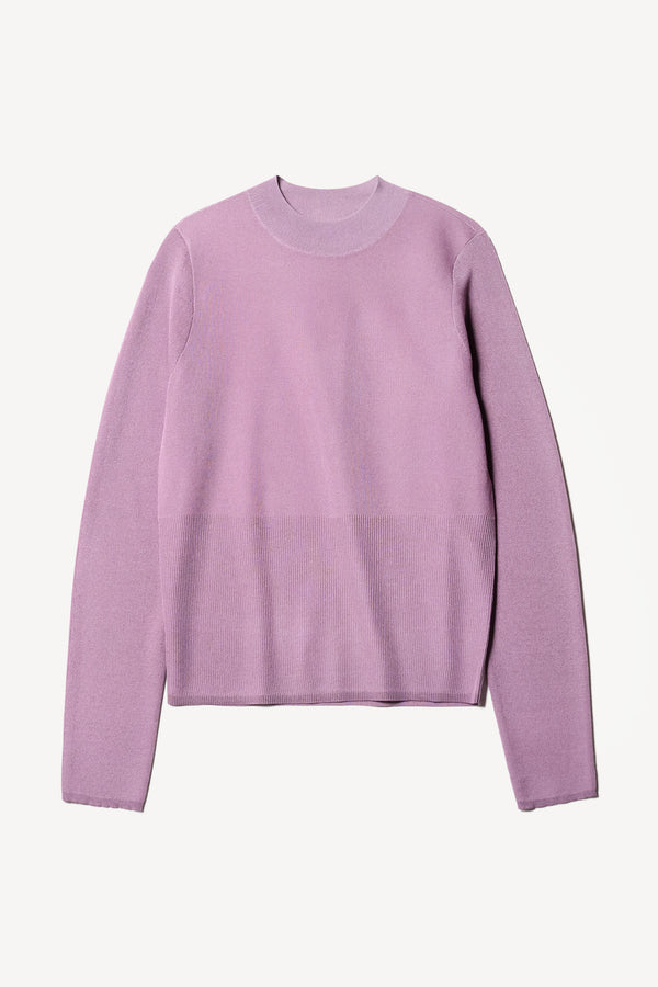 Flat front of the Clarity fitted crew-neck knit top in Mauve