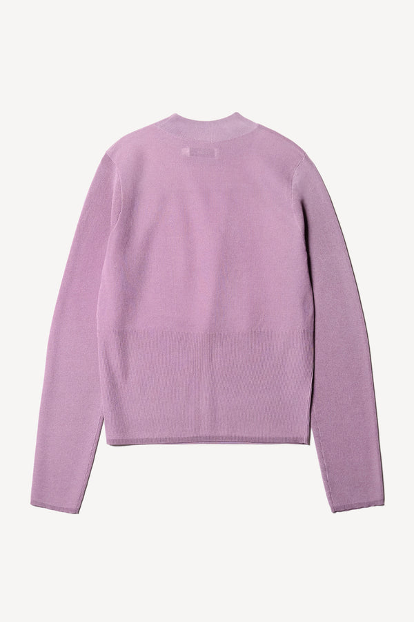 Flat back of the Clarity fitted crew-neck knit top in Mauve