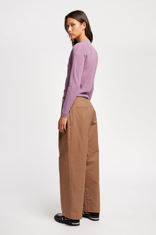 Back angle view on Model of the Clarity fitted crew-neck knit top in Mauve
