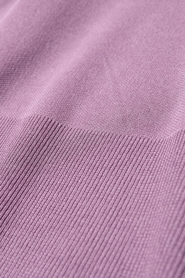 Close up fabric detail of the Clarity fitted crew-neck knit top in Mauve 