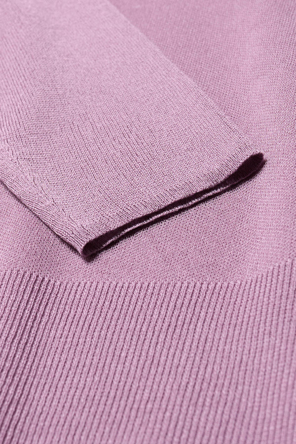 Close up fabric detail of the Clarity fitted crew-neck knit top in Mauve
