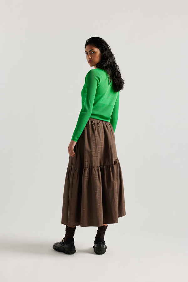 Back view on Model of the Clarity fitted crew-neck knit top in Vivid Green 
