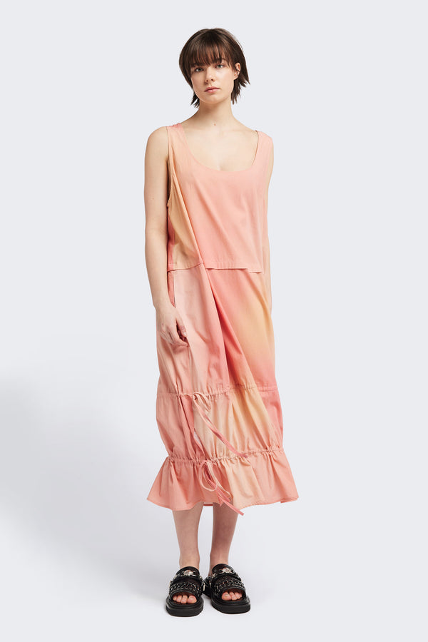 Front view of the cloud dress in hazy sunset cloud print, a relaxed-fit sleeveless dress with wide shoulder straps, a scoop neckline.