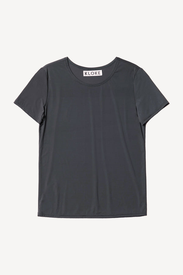 Flat front of the Jet Black Convoy fitted short sleeve top with crew neckline, crafted in soft sheen recycled poly fabric