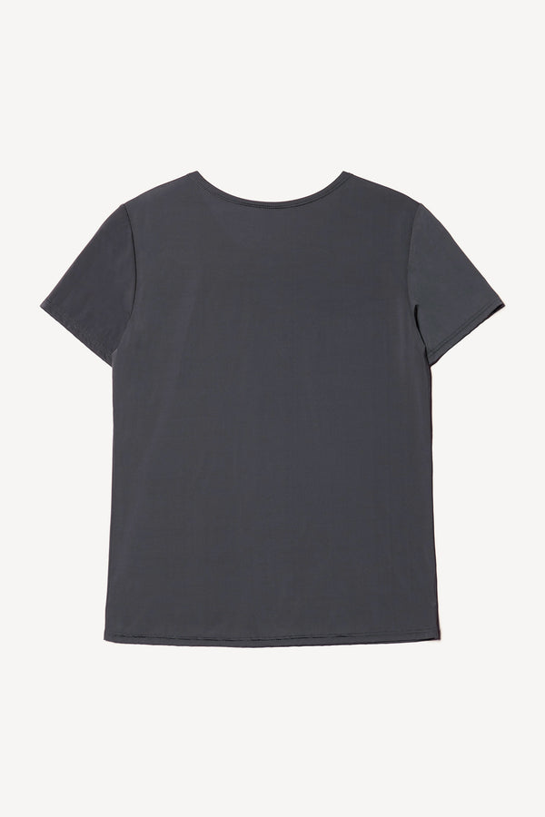 Flat Back of the Jet Black Convoy fitted short sleeve top with crew neckline, crafted in soft sheen recycled poly fabric