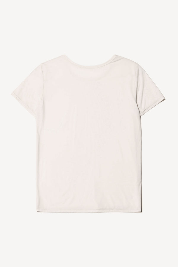 Flat back of the off white Convoy fitted short sleeve top with crew neckline, crafted in soft sheen recycled poly fabric