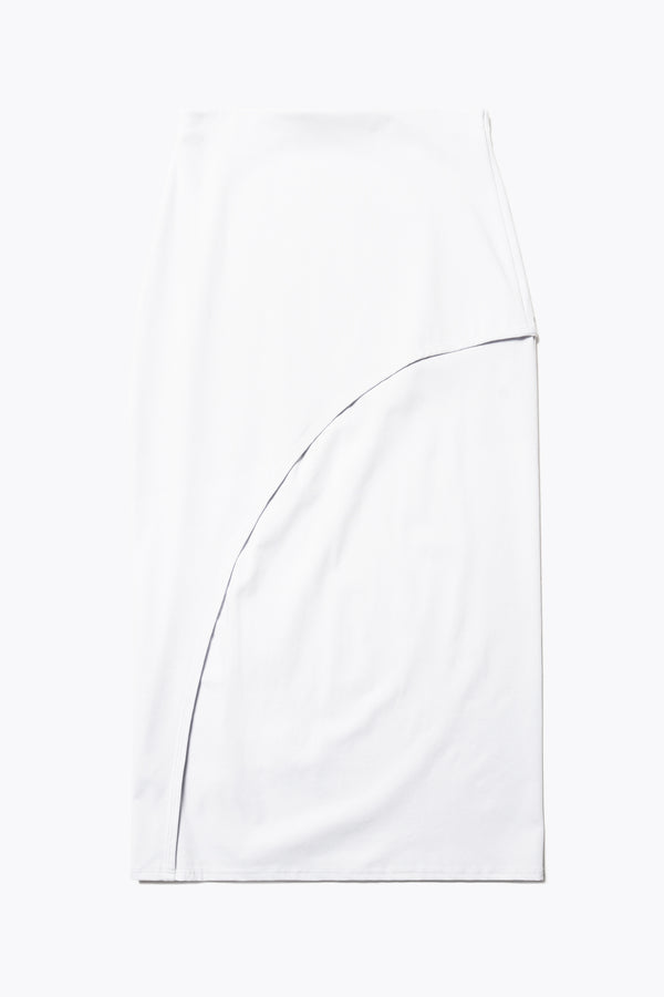 Flat Front view of The Cumulus Skirt in white ice blue. A Slim, mid-calf dress in a cotton blend with stretch, featuring a curved bound seam for a flattering silhouette.