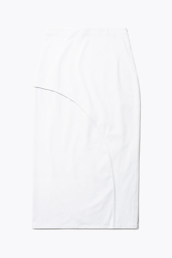 Flat Back view of The Cumulus Skirt in white ice blue. A Slim, mid-calf dress in a cotton blend with stretch, featuring a curved bound seam for a flattering silhouette.