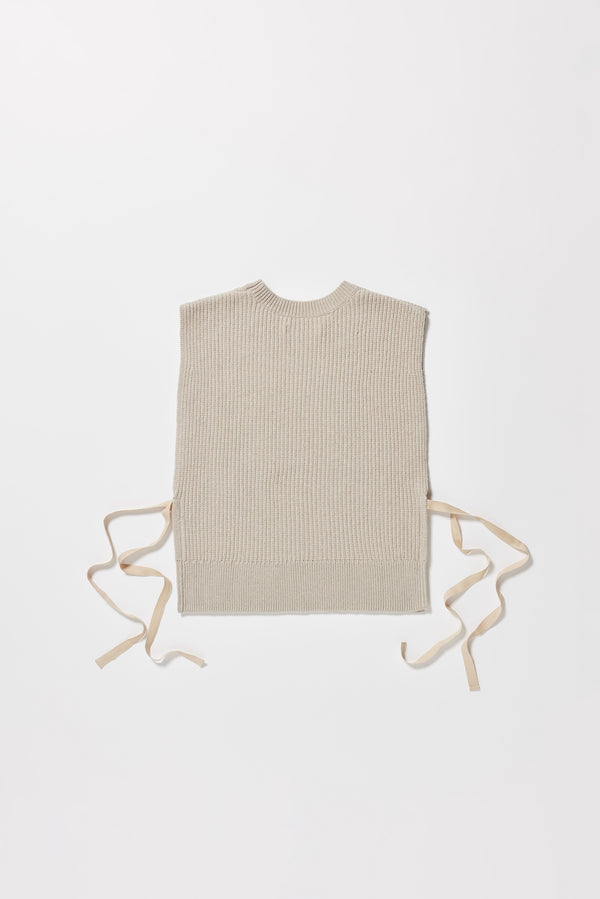 Cusp Knit Vest in dove grey, flat back, featuring herringbone ties and half-cardigan knit construction.