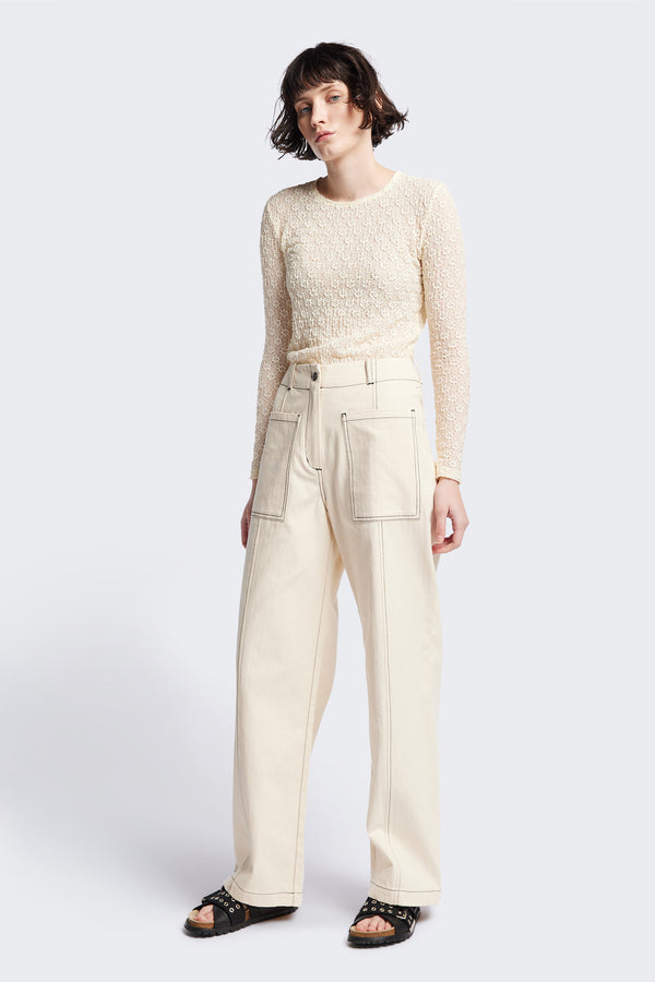 Delta pant in Ecru Beige, a tailored casual pant in premium cotton herringbone twill with contrast stitch panelling. Straight leg and tailored fit for a sleek, flattering polished finish. Available in 6 sizes. 